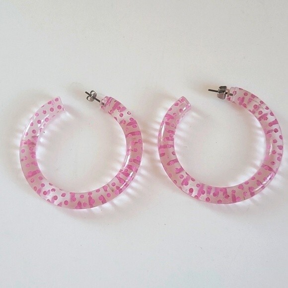 Vintage Hoop Earrings Clear Plastic Pink Polkadot 💗 - Picture 4 of 4